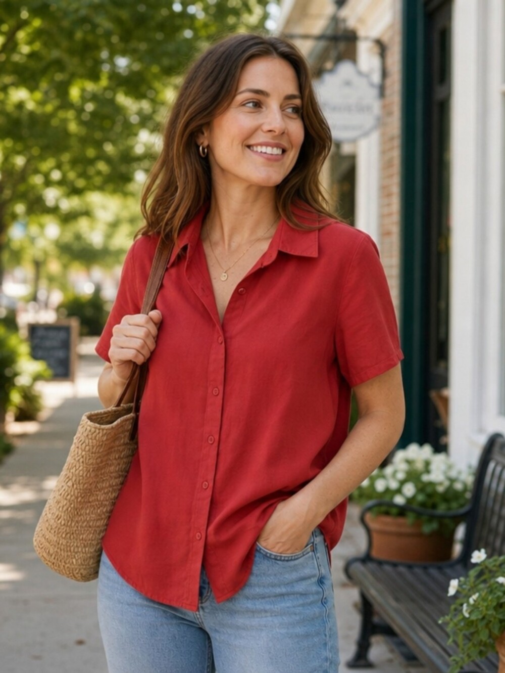 Women’s Short Sleeve Collared V-Neck Blouse - Rust